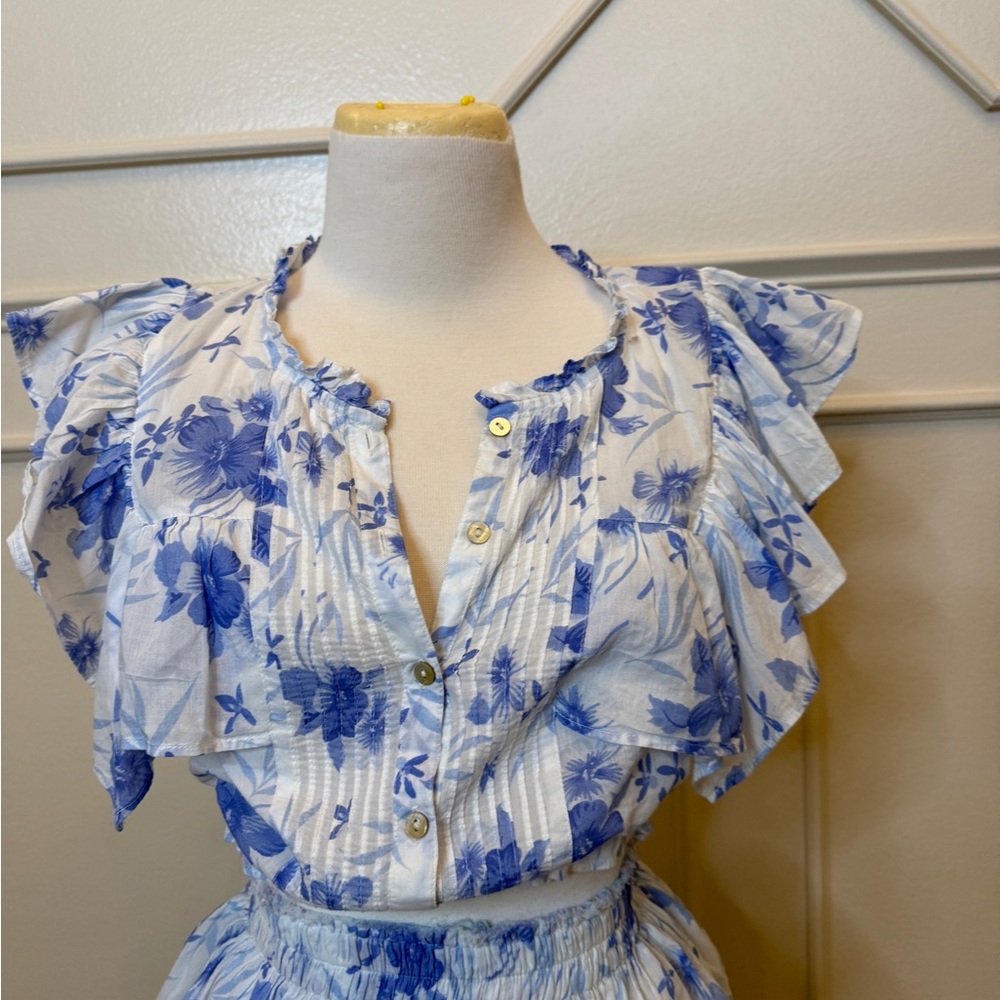 LoveShackFancy Blue Floral Ruffle Top